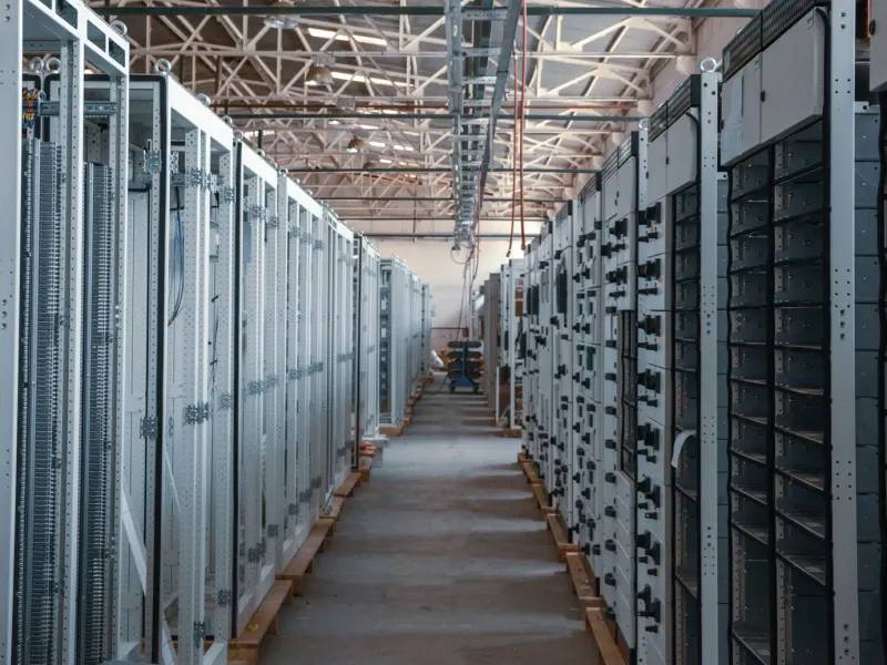 Long aisle of server racks in a data center