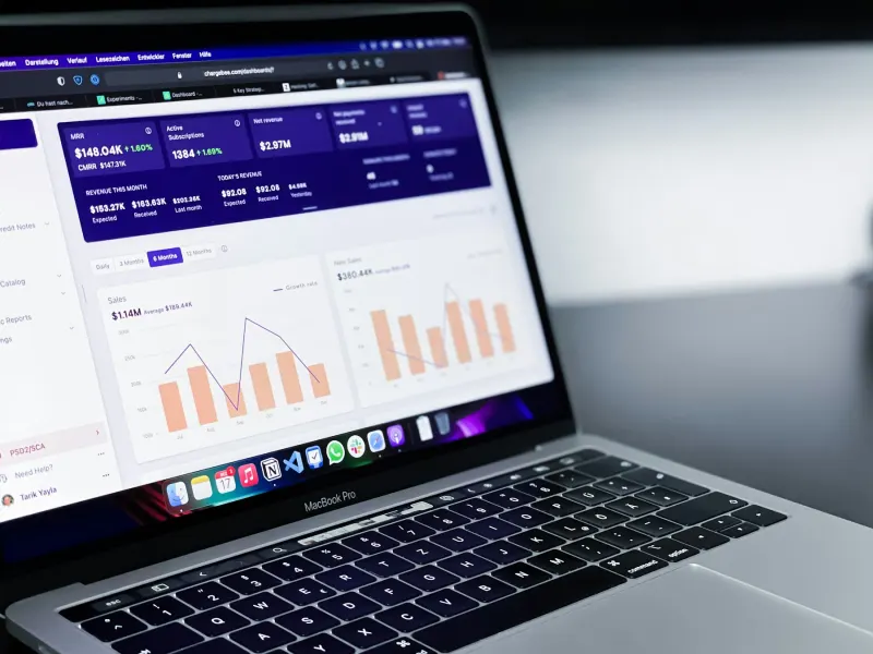 Laptop showing a business analytics dashboard with charts