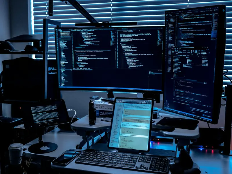 Operations desk with several monitors showing code and system logs