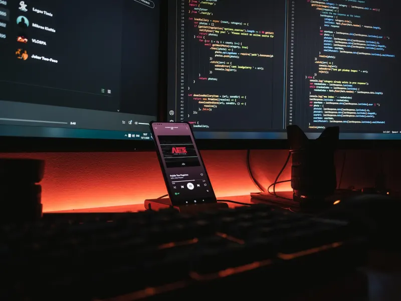 Developer workstation with code on several monitors in a dark office